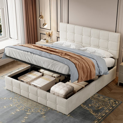 Abrihome 4Ft6 Double Velvet Ottoman Bed - Hydraulic Storage, Tufted Headboard, Wood-Metal Frame, Beige - image 1