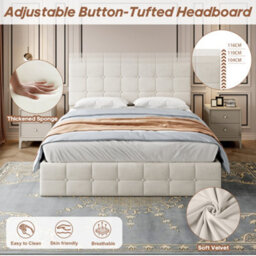 Abrihome 4Ft6 Double Velvet Ottoman Bed - Hydraulic Storage, Tufted Headboard, Wood-Metal Frame, Beige - thumbnail 6