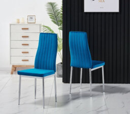 Furnizone UK Set Of 2 Dining Chairs - Monza Modern Dining Chairs - Blue Velvet Chrome Legs Dining Chairs - Kitchen Dining Room Chairs