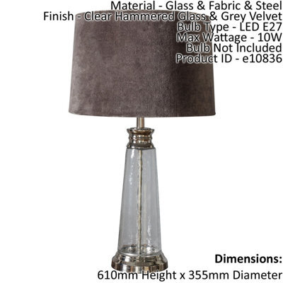Table Lamp Clear Hammered Glass & Grey Velvet 10W Led E27 Base & Shade - image 1