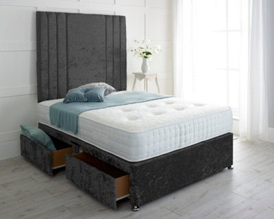 "Adore Designs Rio Crushed Velvet Divan Bed, With Pocket Mattress & 36"" Headboard - 3Ft Single - Black - 2 Drawers Same Side"