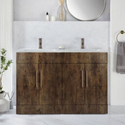 Homestylestore 1210mm Dark Oak Floorstanding Bathroom Vanity Unit Double Basin And Aged Gold T Bar Handle - thumbnail 2