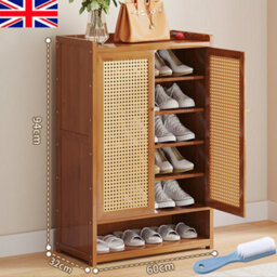 Shoe Cabinet Storage Cupboard Footwear Stand Rack Wooden Double Rattan Doors Uk - thumbnail 1