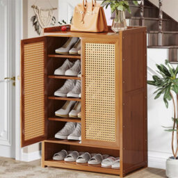 Shoe Cabinet Storage Cupboard Footwear Stand Rack Wooden Double Rattan Doors Uk - thumbnail 3