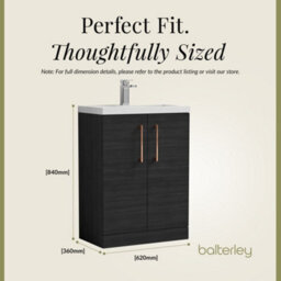 Balterley Bramshall Compact Bathroom Cloakroom Vanity Basin Unit With Polymarble Basin, Copper Handles, 600mm, Woodgrain Black - thumbnail 4