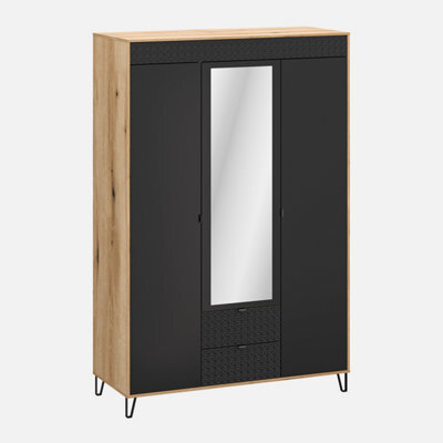 Heze Furniture Bellano 3 Door 2 Drawers Wardrobe With Mirror - Evok Oak / Black - image 1