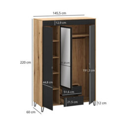 Heze Furniture Bellano 3 Door 2 Drawers Wardrobe With Mirror - Evok Oak / Black - thumbnail 4