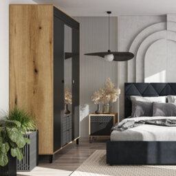 Heze Furniture Bellano 3 Door 2 Drawers Wardrobe With Mirror - Evok Oak / Black - thumbnail 2