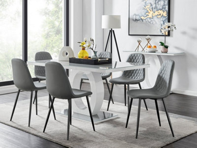 Furniturebox Giovani Rectangular 6 Seat White High Gloss Unique Halo Dining Table Grey Glass Top 6 Black Faux Leather Black Leg Corona Chairs - image 1