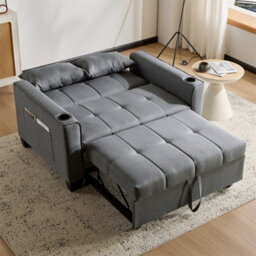 Abrihome 2-Seater Sofa Bed With Cup Holders, Pull-Out Convertible Sleeper, Space-Saving Fabric Settee For Living Rooms & Apartments, Grey - thumbnail 9