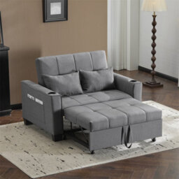 Abrihome 2-Seater Sofa Bed With Cup Holders, Pull-Out Convertible Sleeper, Space-Saving Fabric Settee For Living Rooms & Apartments, Grey - thumbnail 1