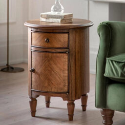 Xample Gallery Highgrove Drum Side Table - Mindy Wood With Drawer & Cupboard Storage, Bronze Beehive Handles, Rich Brown Finish