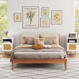 Costway Rattan Nightstand Bedroom Bedside Table Pe Rattan Decorated Door-White - thumbnail 5