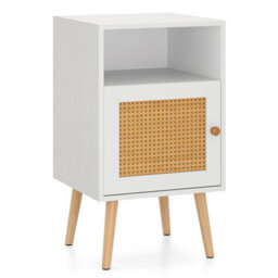 Costway Rattan Nightstand Bedroom Bedside Table Pe Rattan Decorated Door-White - thumbnail 6
