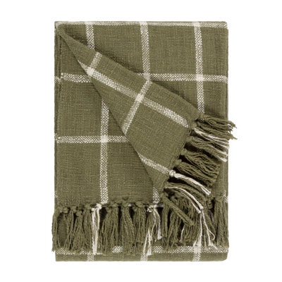 Yard Beni Check Fringed 100% Cotton Throw, Moss/natural, 130 X 180Cm - image 1
