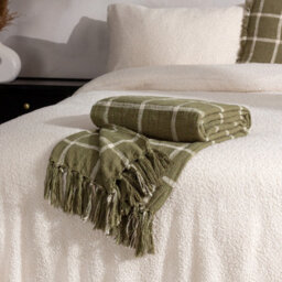Yard Beni Check Fringed 100% Cotton Throw, Moss/natural, 130 X 180Cm - thumbnail 4