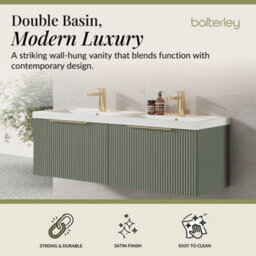 Balterley Fluted Front Wall Hung 2-Drawer Bathroom Vanity Unit With Double Basin, 1200mm, Satin Green, Brushed Brass Handles - thumbnail 2