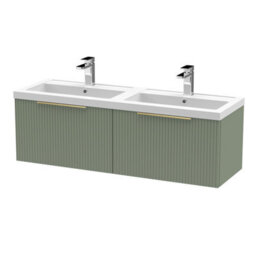 Balterley Fluted Front Wall Hung 2-Drawer Bathroom Vanity Unit With Double Basin, 1200mm, Satin Green, Brushed Brass Handles - thumbnail 1