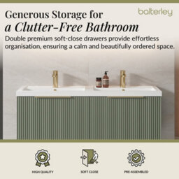 Balterley Fluted Front Wall Hung 2-Drawer Bathroom Vanity Unit With Double Basin, 1200mm, Satin Green, Brushed Brass Handles - thumbnail 3