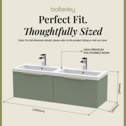 Balterley Fluted Front Wall Hung 2-Drawer Bathroom Vanity Unit With Double Basin, 1200mm, Satin Green, Brushed Brass Handles - thumbnail 5