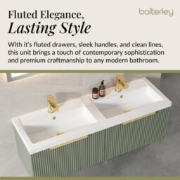 Balterley Fluted Front Wall Hung 2-Drawer Bathroom Vanity Unit With Double Basin, 1200mm, Satin Green, Brushed Brass Handles - thumbnail 4