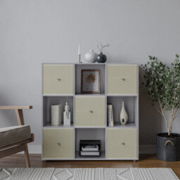 Urbn-Living 9 Cube Grey Wooden Bookcase Shelving Unit With 5 Collapsible Fabric Drawers Beign - thumbnail 2