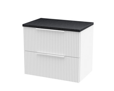 Nuie Hudson Reed Fluted Wall Hung 2-Drawer Vanity Unit & Black Laminate Worktop, Stylish Counter Top Vanity Unit In Satin White, 600mm - image 1