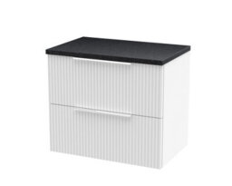 Nuie Hudson Reed Fluted Wall Hung 2-Drawer Vanity Unit & Black Laminate Worktop, Stylish Counter Top Vanity Unit In Satin White, 600mm