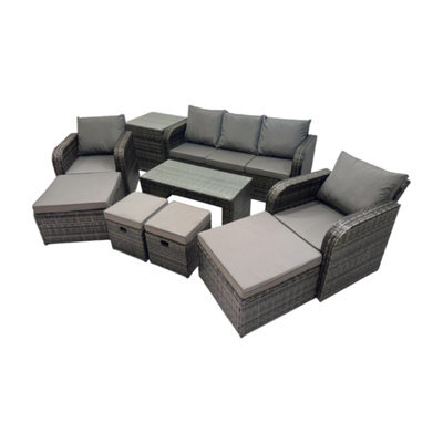 Fimous Rattan Garden Outdoor Furniture Set 3 Seater Sofa Reclining Chair Coffee Table With Side Table 4 Footstools Dark Grey Mixed - image 1