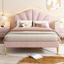 Btm 4Ft6 Double Velvet Upholstered Bed 135X190Cm, Shell Design, Adjustable Headboard, Pink - thumbnail 3