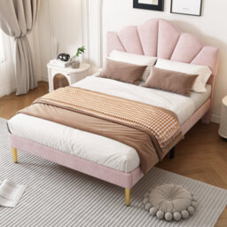 Btm 4Ft6 Double Velvet Upholstered Bed 135X190Cm, Shell Design, Adjustable Headboard, Pink - thumbnail 5