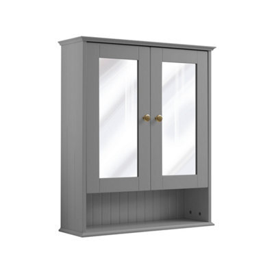 Homestylestore 650 X 750mm Light Grey Wall Mounted Mirrored Door Bathroom Cabinet And Aged Gold Round Handles - image 1