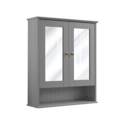 Homestylestore 650 X 750mm Light Grey Wall Mounted Mirrored Door Bathroom Cabinet And Aged Gold Round Handles