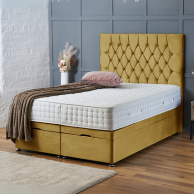 Bsspoke Mustard Velvet Divan Bed Chesterfield End Lift Up Ottoman Storage With Mattress 138Cm Headboard In All Sizes - image 1
