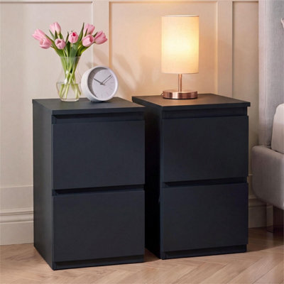Black 2Pc Modern 2 Drawer Chest Of Drawers Bedside Table Nightstand Bedroom Furniture - image 1