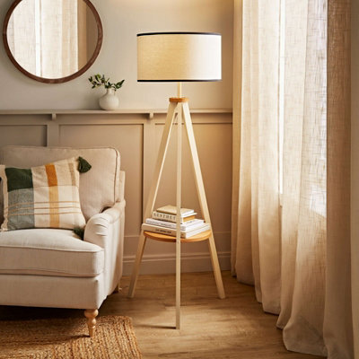 ValueLights Morrigan Cream Wood Shelf Floor Lamp With White Trim Drum Shade - image 1