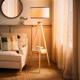 ValueLights Morrigan Cream Wood Shelf Floor Lamp With White Trim Drum Shade - thumbnail 2