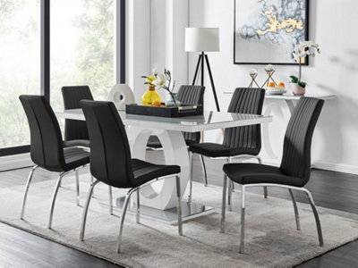 Furniturebox Giovani Rectangular 6 Seat White High Gloss Unique Halo Structural Dining Table Grey Glass Top 6 Black Faux Leather Isco Chairs - image 1