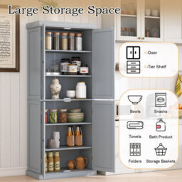Gainoom 4 Door Grey Kitchen Pantry 184Cm Tall Buffet Cabinet W/ 6-Tier Shelves - thumbnail 7