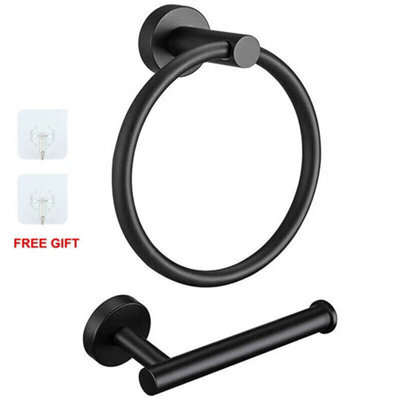 New Stainless Steel Toilet Roll Holder And Towel Ring Set Bathroom Wall Mounted - Black (Toilet Roll + Ring Set) - image 1