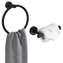 New Stainless Steel Toilet Roll Holder And Towel Ring Set Bathroom Wall Mounted - Black (Toilet Roll + Ring Set) - thumbnail 4