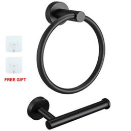 New Stainless Steel Toilet Roll Holder And Towel Ring Set Bathroom Wall Mounted - Black (Toilet Roll + Ring Set) - thumbnail 1