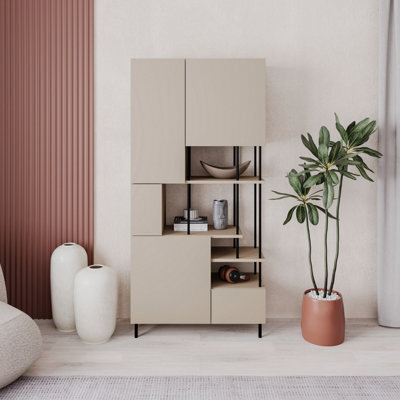 Decortie Modern Key Bookcase 5-Doors Storage Cabinet And Minimal Open Shelves Display Unit Metal Legs 84(W)X175(H)Cm Sandstone - image 1