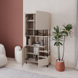 Decortie Modern Key Bookcase 5-Doors Storage Cabinet And Minimal Open Shelves Display Unit Metal Legs 84(W)X175(H)Cm Sandstone - thumbnail 6