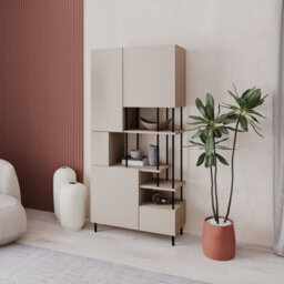 Decortie Modern Key Bookcase 5-Doors Storage Cabinet And Minimal Open Shelves Display Unit Metal Legs 84(W)X175(H)Cm Sandstone - thumbnail 4
