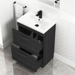 Royal Bathrooms Turin Hale Black 600mm Floor Standing Vanity Unit 2 Drawer With Mid-Edge Basin Sink & Matt Black Handles - thumbnail 5