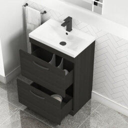 Royal Bathrooms Turin Hale Black 600mm Floor Standing Vanity Unit 2 Drawer With Mid-Edge Basin Sink & Matt Black Handles - thumbnail 3