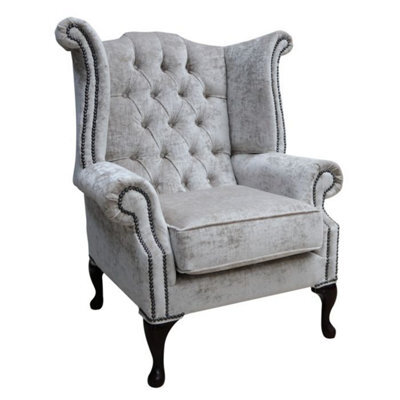 Chesterfield High Back Wing Chair Modena Hessian Velvet Fabric In Queen Anne Style - image 1