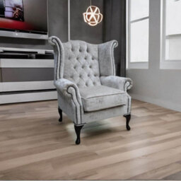 Chesterfield High Back Wing Chair Modena Hessian Velvet Fabric In Queen Anne Style - thumbnail 3