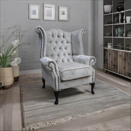 Chesterfield High Back Wing Chair Modena Hessian Velvet Fabric In Queen Anne Style - thumbnail 4